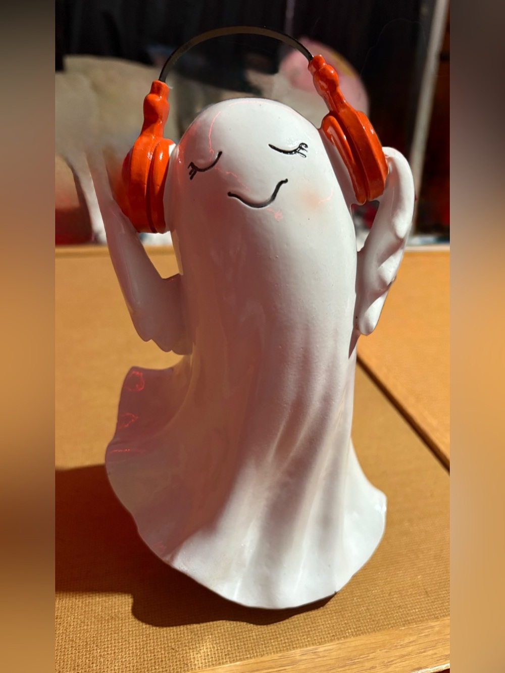 White Ghost Figurine with Orange Headphones - Home Art Decor
